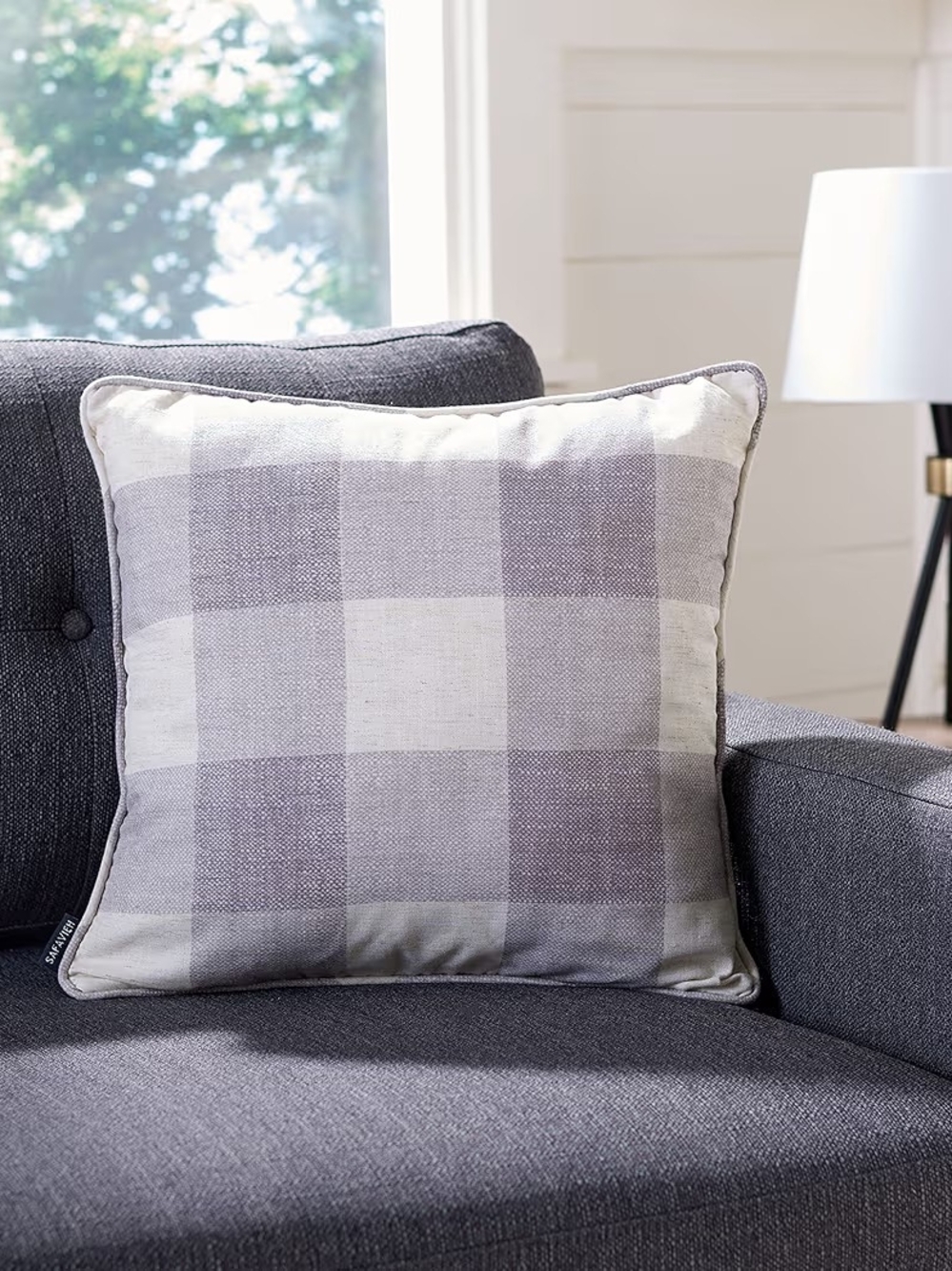 Safavieh Home Collection Fernla grey and white gingham accent pillow Cover Only